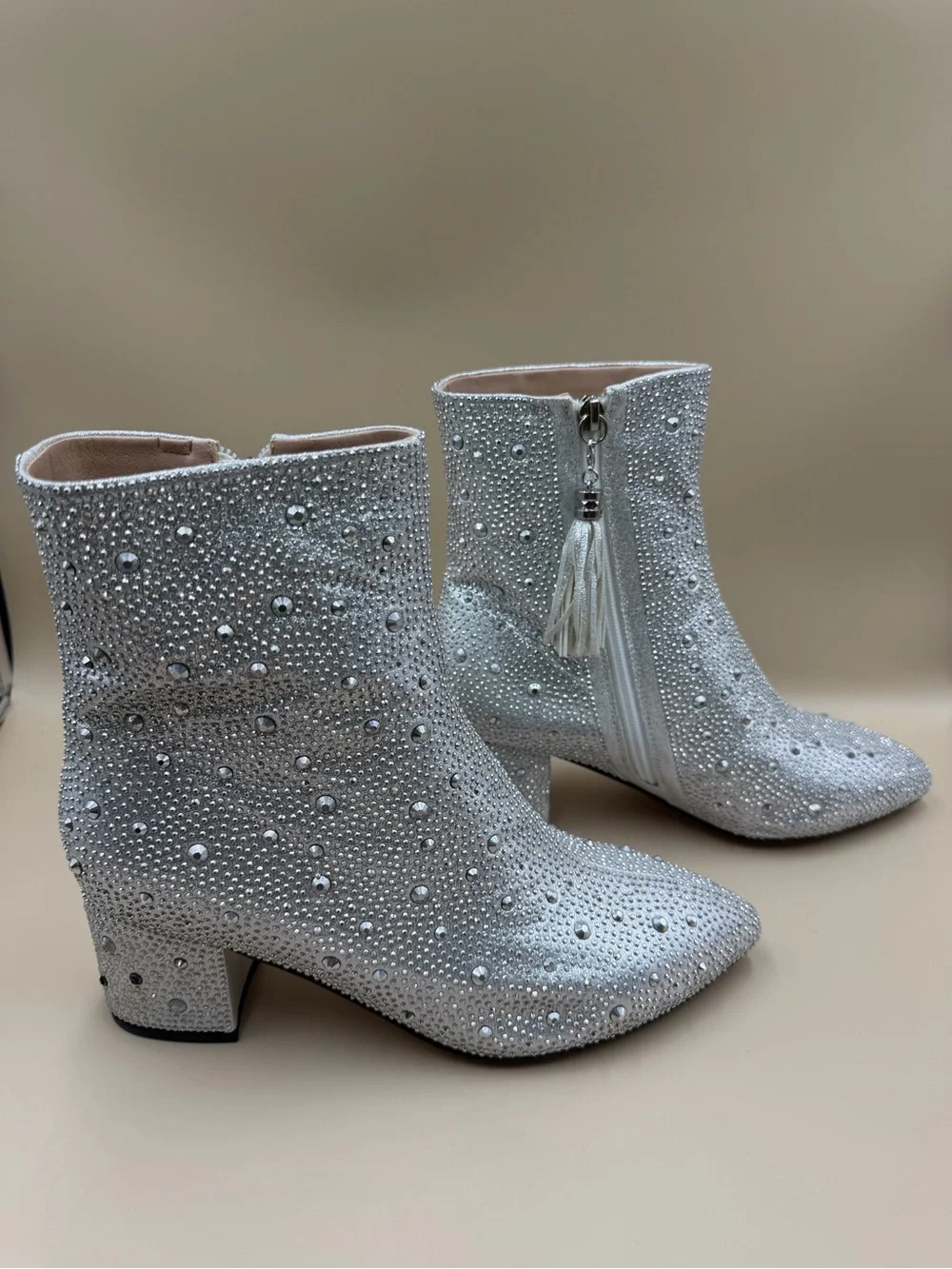 Sparkly Rhinestone Bridal Ankle Boots Size 8 Block Heel Wedding Party